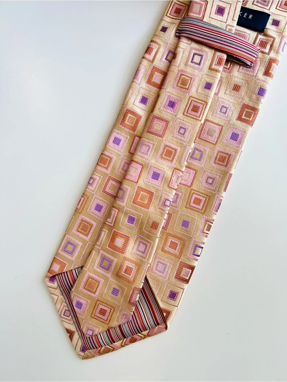 Ted Baker London Tie Necktie Orange Beige Geometric 100% Silk  Hand Tailored USA